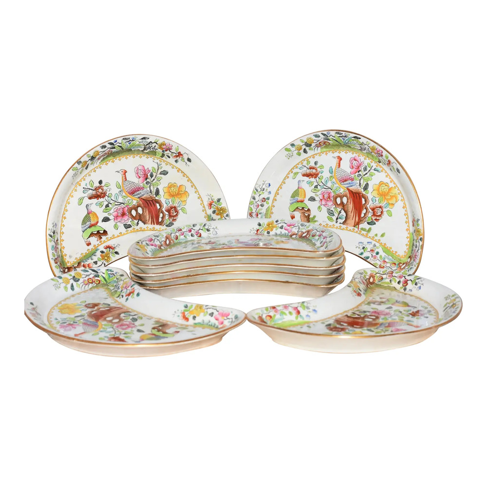 Antique Spode Copeland T. Goode & Co Flowers & Pheasant Birds Crescent Plates